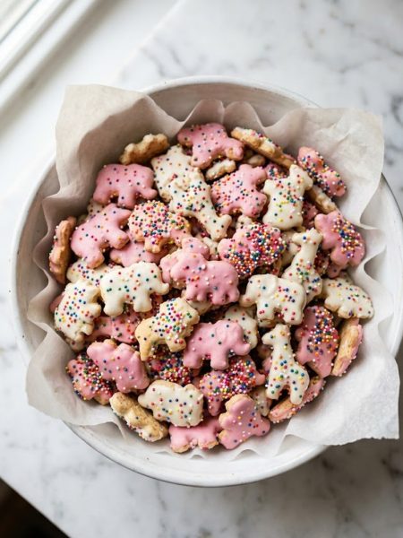 A bowl of healthy animal crackers with pink and white frosting and colorful rainbow sprinkles on a white surface