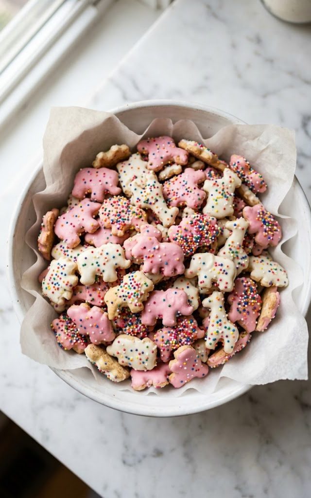 A bowl of healthy animal crackers with pink and white frosting and colorful rainbow sprinkles on a white surface