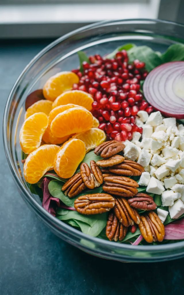A large clear glass bowl filled with a stunning healthy winter salad showing bright orange mandarin segments ruby red pomegranate seeds golden candied pecans white crumbled feta and dark green mixed greens before tossing