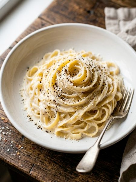 A bowl of creamy cottage cheese alfredo pasta garnished with parmesan and black pepper on a rustic wooden table