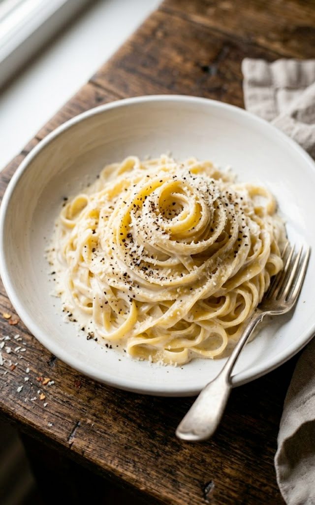 A bowl of creamy cottage cheese alfredo pasta garnished with parmesan and black pepper on a rustic wooden table