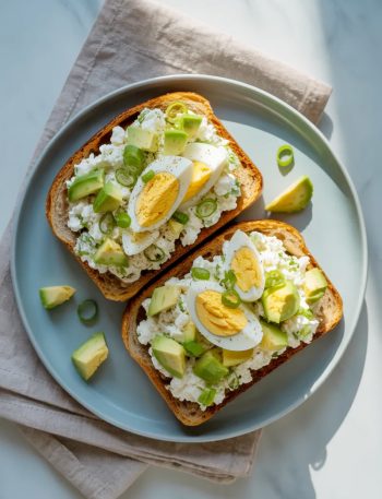 Two slices of toasted whole grain bread topped with creamy cottage cheese egg salad, diced avocado, and sliced green onions on a light gray ceramic plate