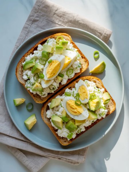 Two slices of toasted whole grain bread topped with creamy cottage cheese egg salad, diced avocado, and sliced green onions on a light gray ceramic plate