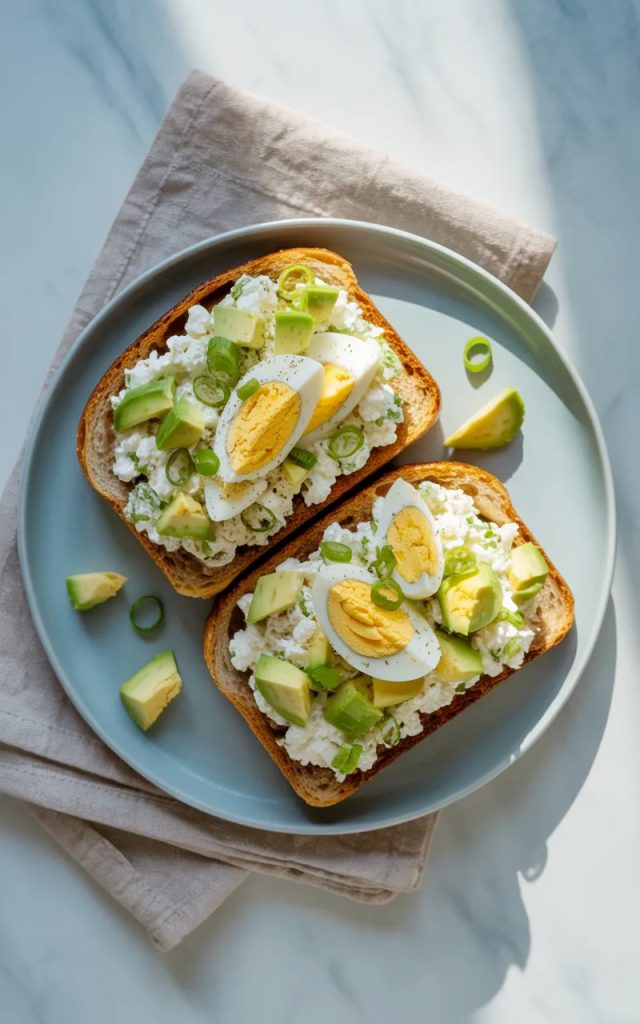 Two slices of toasted whole grain bread topped with creamy cottage cheese egg salad, diced avocado, and sliced green onions on a light gray ceramic plate