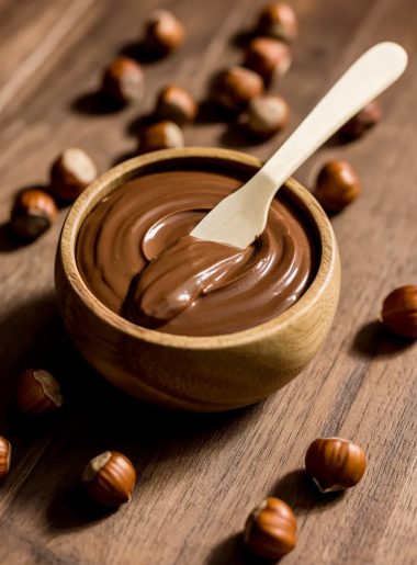 A wooden bowl filled with smooth homemade chocolate hazelnut spread with a butter knife resting inside surrounded by whole hazelnuts on a dark wooden surface