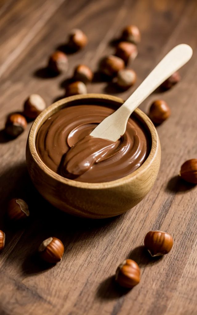 A wooden bowl filled with smooth homemade chocolate hazelnut spread with a butter knife resting inside surrounded by whole hazelnuts on a dark wooden surface