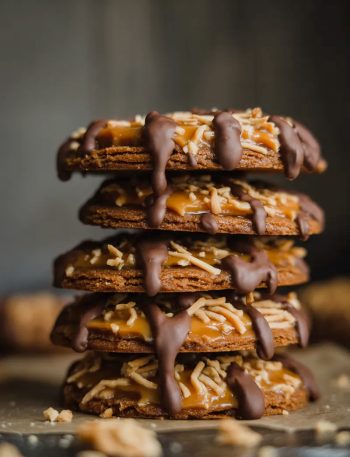 A tall stack of homemade Samoas cookies with toasted coconut caramel topping and dark chocolate drizzle on a dark moody background