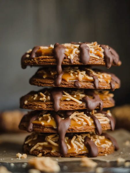 A tall stack of homemade Samoas cookies with toasted coconut caramel topping and dark chocolate drizzle on a dark moody background