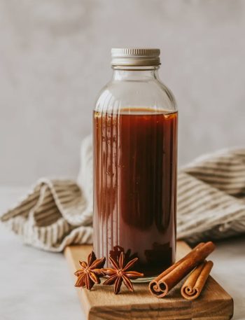 A tall glass bottle filled with dark rich homemade chai concentrate with star anise and cinnamon sticks on a wooden cutting board beside it