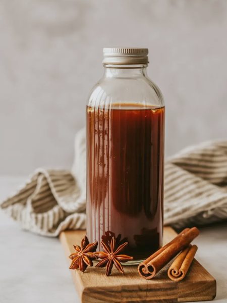 A tall glass bottle filled with dark rich homemade chai concentrate with star anise and cinnamon sticks on a wooden cutting board beside it