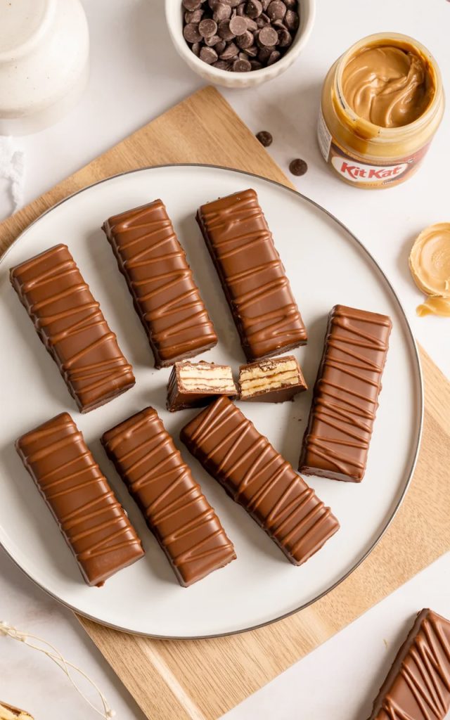 Overhead flat lay of homemade gluten free dairy free Kit Kat bars on a white ceramic plate with dark chocolate drizzle on a light wood surface