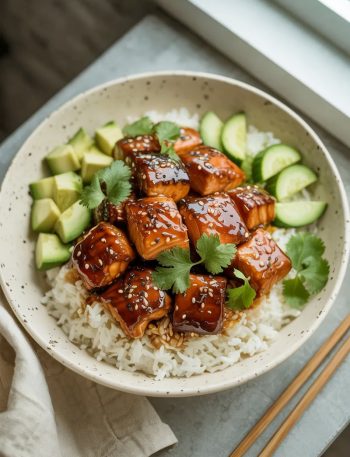 Honey glazed salmon bites piled over fluffy white rice in a wide ceramic bowl with diced avocado sliced cucumber fresh cilantro and sesame seeds on a light surface