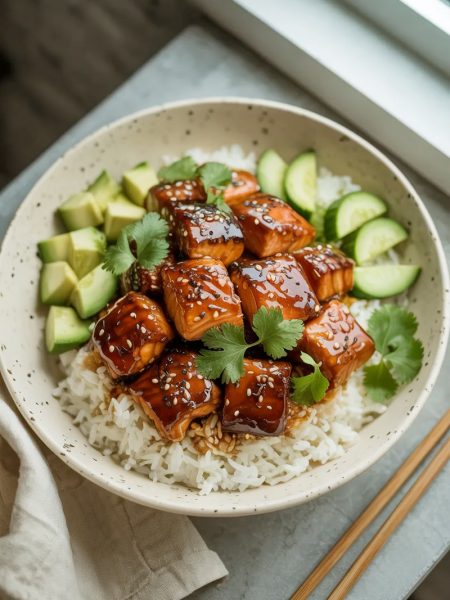 Honey glazed salmon bites piled over fluffy white rice in a wide ceramic bowl with diced avocado sliced cucumber fresh cilantro and sesame seeds on a light surface