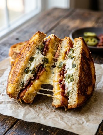 A golden crispy jalapeno popper grilled cheese sandwich cut in half showing layers of melted cheddar, crispy bacon and cream cheese jalapeno filling on a rustic surface