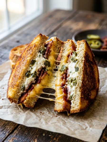 A golden crispy jalapeno popper grilled cheese sandwich cut in half showing layers of melted cheddar, crispy bacon and cream cheese jalapeno filling on a rustic surface