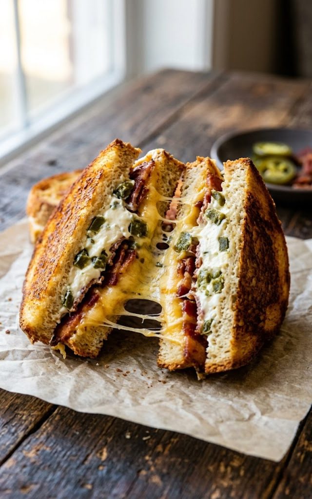A golden crispy jalapeno popper grilled cheese sandwich cut in half showing layers of melted cheddar, crispy bacon and cream cheese jalapeno filling on a rustic surface