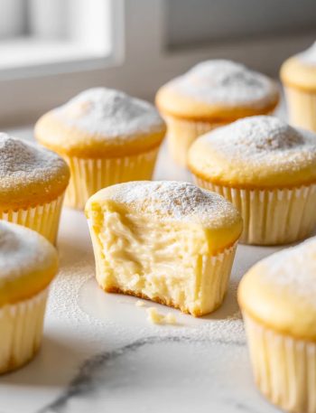 A close-up of Japanese cotton cheesecake cupcakes in white cupcake liners dusted with powdered sugar on a white marble surface, one cupcake in the foreground broken open showing the impossibly light and creamy interior