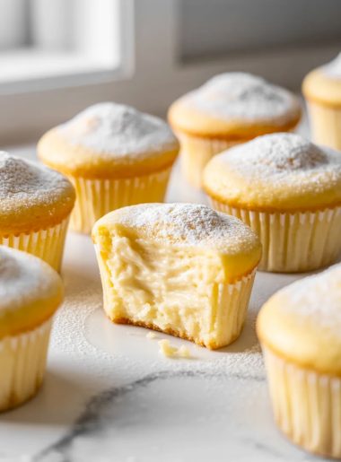 A close-up of Japanese cotton cheesecake cupcakes in white cupcake liners dusted with powdered sugar on a white marble surface, one cupcake in the foreground broken open showing the impossibly light and creamy interior