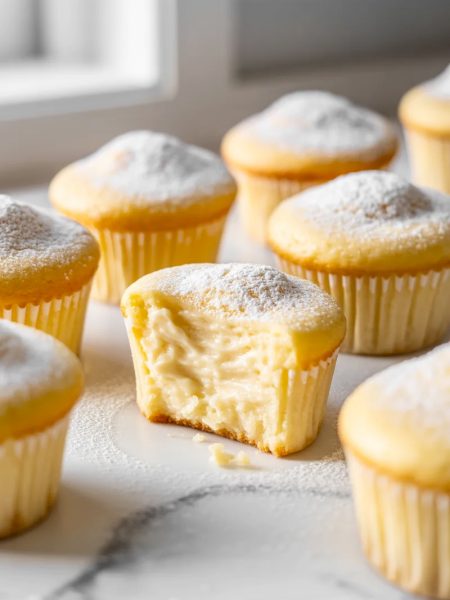 A close-up of Japanese cotton cheesecake cupcakes in white cupcake liners dusted with powdered sugar on a white marble surface, one cupcake in the foreground broken open showing the impossibly light and creamy interior