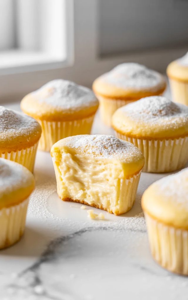 A close-up of Japanese cotton cheesecake cupcakes in white cupcake liners dusted with powdered sugar on a white marble surface, one cupcake in the foreground broken open showing the impossibly light and creamy interior