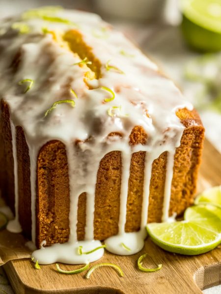 A whole key lime pound cake on a rustic wooden cutting board with thick white key lime glaze dripping down the sides and fresh lime zest scattered on top with one slice cut showing the dense moist golden interior