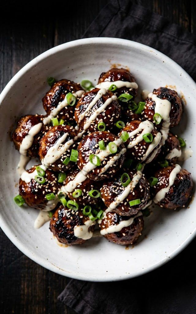 Close-up of glossy Korean BBQ meatballs in a white bowl with creamy gochujang drizzle and sliced green onions