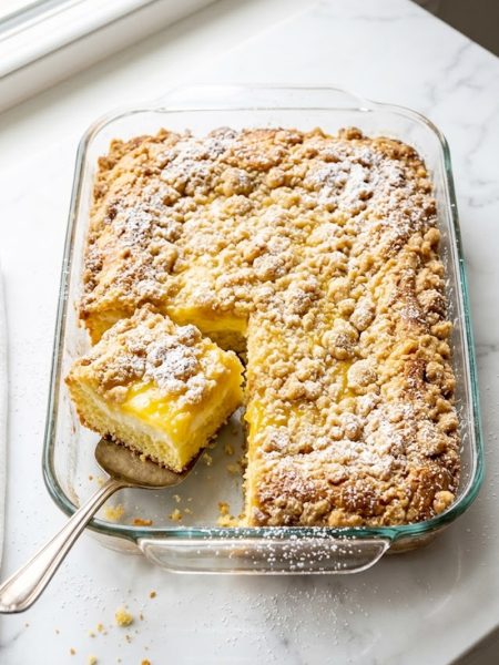 A glass baking dish filled with golden baked lemon cream cheese dump cake with a crispy buttery topping, one square slice lifted to show the creamy lemon and cream cheese layers underneath