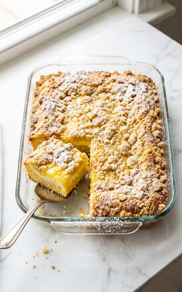 A glass baking dish filled with golden baked lemon cream cheese dump cake with a crispy buttery topping, one square slice lifted to show the creamy lemon and cream cheese layers underneath