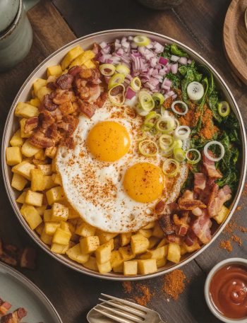 Overhead view of a large white ceramic bowl loaded with crispy golden home fries, two perfectly fried eggs with runny yolks, crumbled crispy bacon, sauteed kale, diced red onion, sliced green onions, and a dusting of smoked paprika
