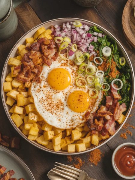 Overhead view of a large white ceramic bowl loaded with crispy golden home fries, two perfectly fried eggs with runny yolks, crumbled crispy bacon, sauteed kale, diced red onion, sliced green onions, and a dusting of smoked paprika