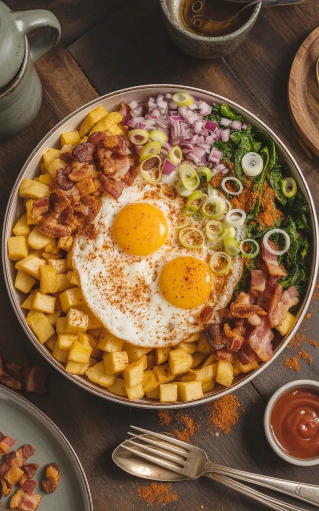 Overhead view of a large white ceramic bowl loaded with crispy golden home fries, two perfectly fried eggs with runny yolks, crumbled crispy bacon, sauteed kale, diced red onion, sliced green onions, and a dusting of smoked paprika