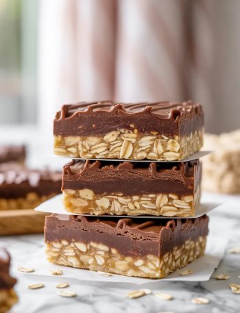 Three no bake chocolate oatmeal bars stacked on a white marble surface showing the fudgy chocolate layer and chewy oat topping