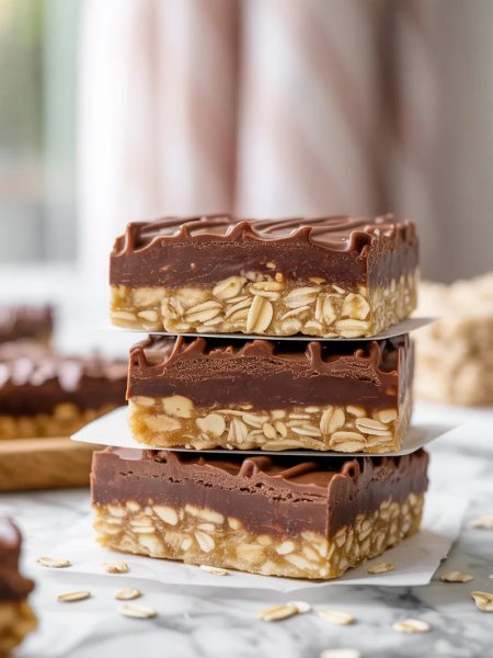 Three no bake chocolate oatmeal bars stacked on a white marble surface showing the fudgy chocolate layer and chewy oat topping