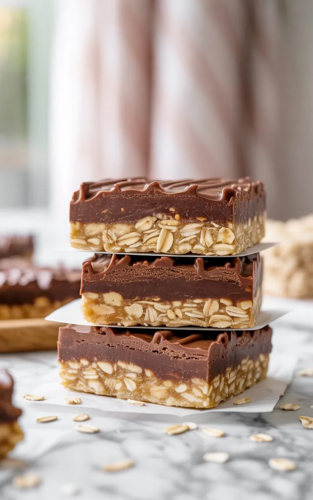 Three no bake chocolate oatmeal bars stacked on a white marble surface showing the fudgy chocolate layer and chewy oat topping
