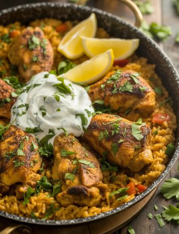 Overhead shot of one-pot chicken shawarma rice in a large dark skillet with golden seared chicken thighs nestled in boldly spiced golden rice topped with garlic yogurt sauce fresh parsley and lemon wedges