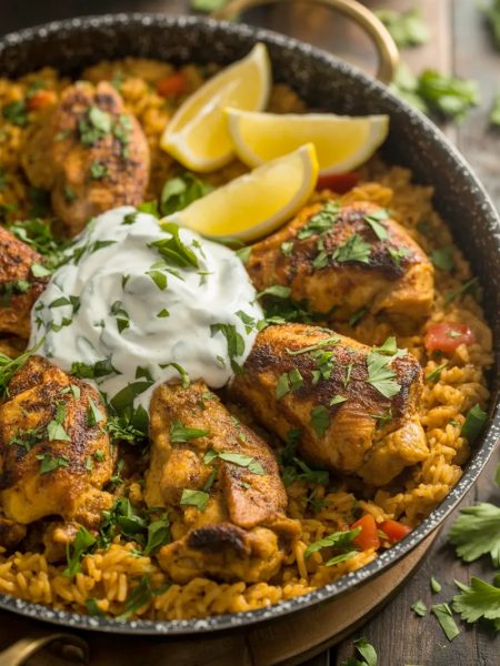 Overhead shot of one-pot chicken shawarma rice in a large dark skillet with golden seared chicken thighs nestled in boldly spiced golden rice topped with garlic yogurt sauce fresh parsley and lemon wedges