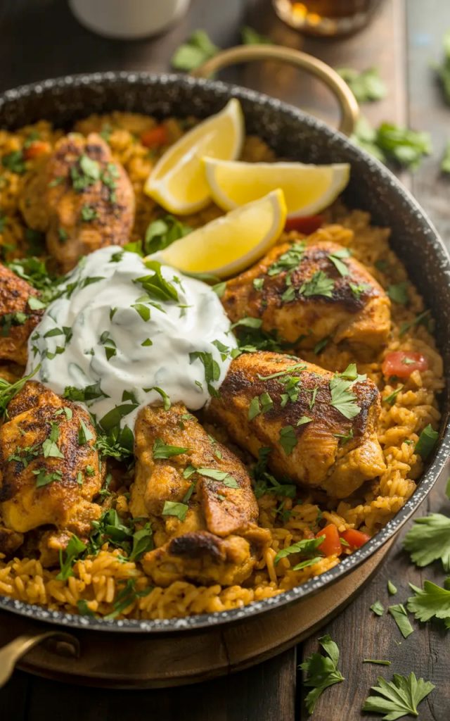 Overhead shot of one-pot chicken shawarma rice in a large dark skillet with golden seared chicken thighs nestled in boldly spiced golden rice topped with garlic yogurt sauce fresh parsley and lemon wedges