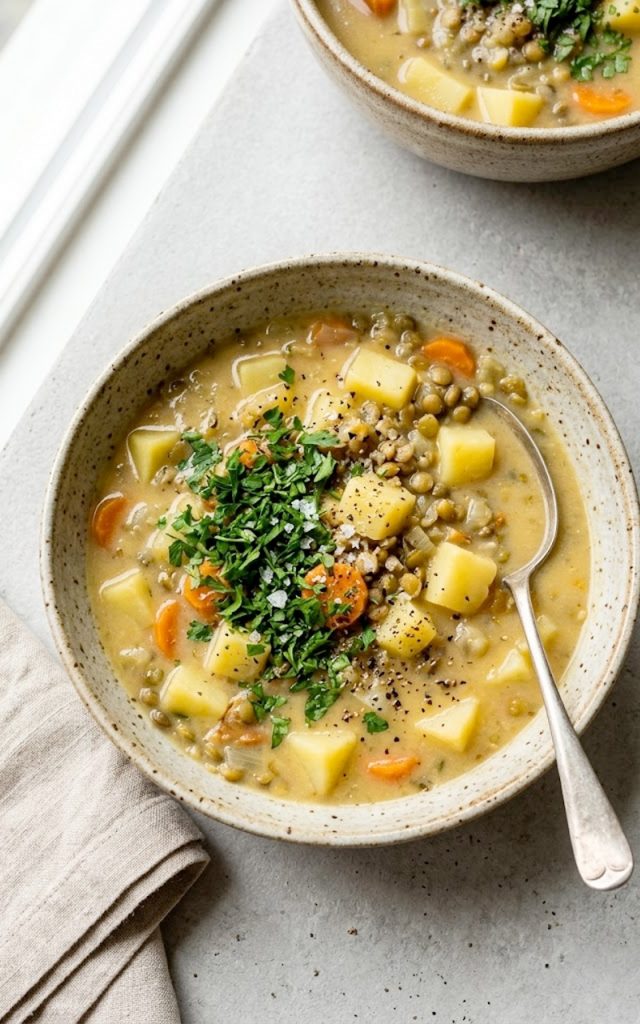 Overhead view of a rustic ceramic bowl filled with thick hearty lentil potato soup with chunky carrots, potato pieces, and green lentils, garnished with fresh parsley, styled on a light grey surface with a linen napkin