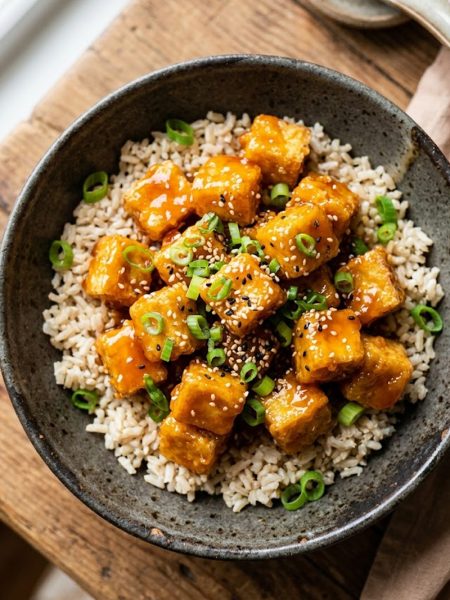 A bowl of crispy orange tofu served over brown rice, garnished with sliced green onions and sesame seeds