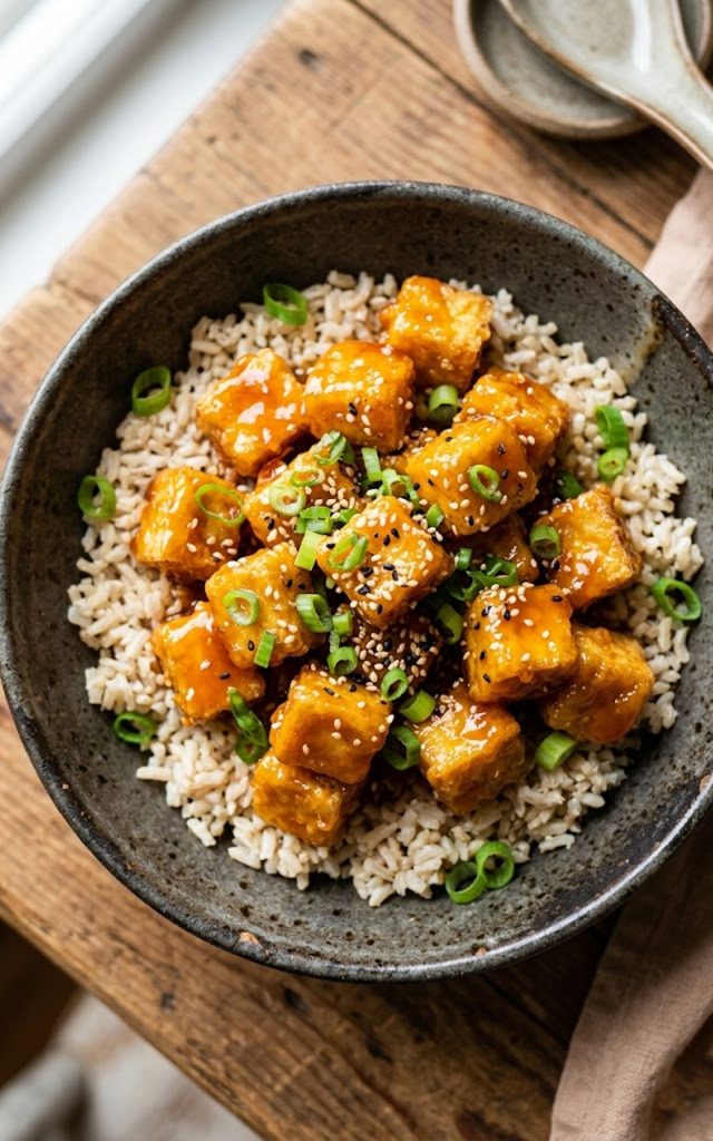 A bowl of crispy orange tofu served over brown rice, garnished with sliced green onions and sesame seeds