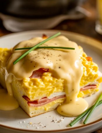 Angled close up of a generous square serving of eggs benedict casserole on a white ceramic plate showing layers of custard soaked English muffin and Canadian bacon topped with glossy golden hollandaise sauce draping down the sides and fresh chives scattered across the top
