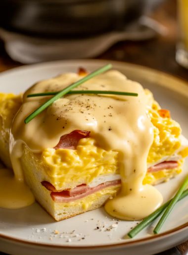 Angled close up of a generous square serving of eggs benedict casserole on a white ceramic plate showing layers of custard soaked English muffin and Canadian bacon topped with glossy golden hollandaise sauce draping down the sides and fresh chives scattered across the top