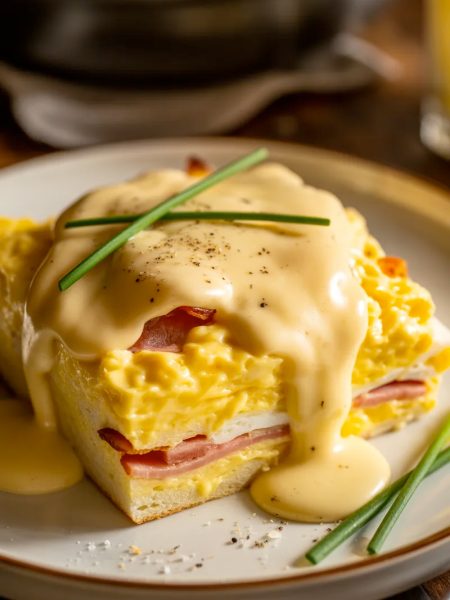 Angled close up of a generous square serving of eggs benedict casserole on a white ceramic plate showing layers of custard soaked English muffin and Canadian bacon topped with glossy golden hollandaise sauce draping down the sides and fresh chives scattered across the top