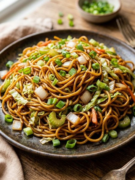 A dark plate piled high with saucy Panda Express copycat chow mein noodles tossed with celery, cabbage, onion and green onions
