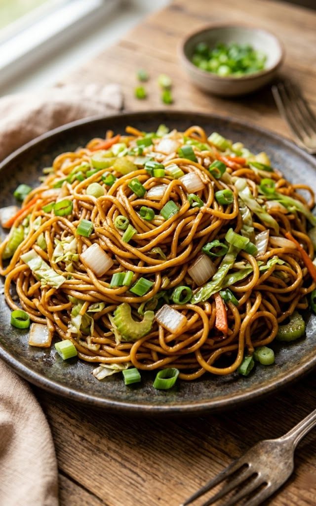 A dark plate piled high with saucy Panda Express copycat chow mein noodles tossed with celery, cabbage, onion and green onions