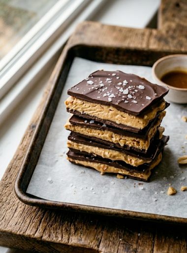 Stacked pieces of peanut butter greek yogurt bark with dark chocolate topping and flaky sea salt on a wooden board