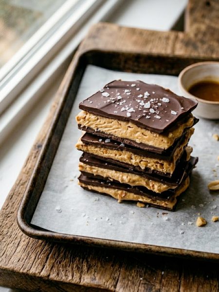 Stacked pieces of peanut butter greek yogurt bark with dark chocolate topping and flaky sea salt on a wooden board