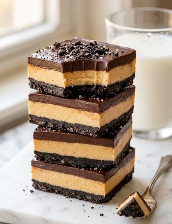 Stacked peanut butter oreo bars with chocolate topping and oreo crust on a white plate