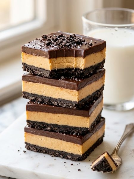 Stacked peanut butter oreo bars with chocolate topping and oreo crust on a white plate