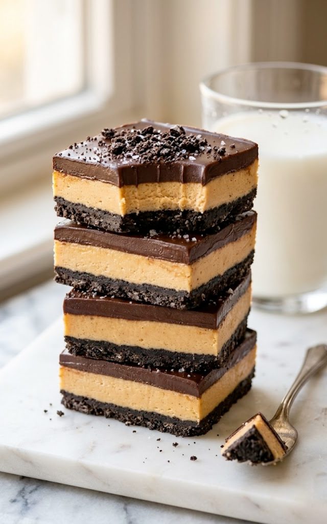 Stacked peanut butter oreo bars with chocolate topping and oreo crust on a white plate